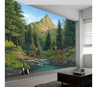 Papier peint panoramique forêt montagnes animaux cerf, photo mural moderne 350L x 256H cm - Papier peint décoration de maison style dessin animé pour salon, chambre, chambre des enfants, bureau
