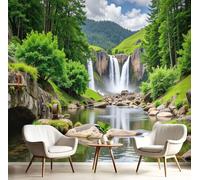 Papier Peint Panoramique Forêt Nature,Papier Peint 3D Motif Nature Cascade Pierres Intissé Wallpaper Chambre Bureau Déco 400×280cm Personnalisé Décoration Murale Vert
