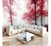 Papier Peint Panoramique Forêt Rouge Brumeuse 350X256Cm Poster Geant Mural 3D Plantes Psychédéliques Fresque Salon Chambre