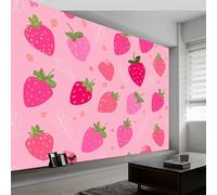 Papier Peint Panoramique Fruits Rose Fraise Floral, Papier Peint Intissé Dessin Animé pour Chambre Salon Salle à Manger Décoration Murale 450L x 280H cm - Fond D'écran Photo Moderne Art Mural