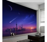 Papier peint panoramique futurisme 400L x 280H cm, Tapisserie mural décoration salon - Papier peint design moderne ville architecture ciel étoilé lune pour chambre chambre d'enfant décoration murale