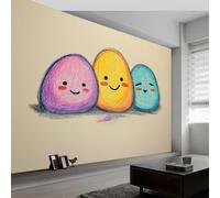 Papier Peint Panoramique Géométrique Mignon Œufs Rayures, Papier Peint Intissé Cartoon pour Chambre Salon Salle à Manger Murale 300L x 210H cm - Fond d'écran Photo Moderne Art Mural Salle de Jeux