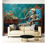 Papier Peint Panoramique Gothique Crâne Chaise Fleurs Bleu Vert Papier Peint Intissé Tapisserie Poster Mural Photo Muraux pour Salon Chambre Décoration Murale, 250 x 175 cm