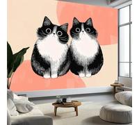 Papier Peint Panoramique Graffiti Peint À La Main, Papier Peint Dessin Animé Animal Chat Noir et Blanc, Poster Mural Géant Fresque Murale Moderne pour Salon Chambre d’Enfants, 250 x 175 cm (L x H)