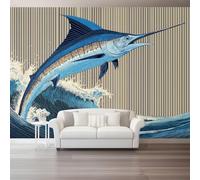 Papier Peint Panoramique Gravure Espadon Ondulations murale moderne Tapisserie décorative pour chambre salon 350 x 256 cm Personnalisé Décoration Murale Bureau Bleu