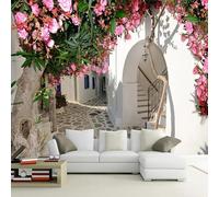 Papier Peint Panoramique Grèce 350x256 cm 3D Papier Peint Intissé Fleurs Architecturales de Rue Photo Trompe l'oeil Poster Geant Mural Salon Chambre Enfant Chambre Décoration Murale a-4421