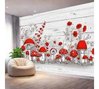 Papier Peint Panoramique Gris clair rouge Mural 250 x 175 cm, 3D Papier Peint Campagne pastorale champignons fleurs Thème Floral Fresque Murale Chambre Coucher Salon Décoration Poster Geant Murale