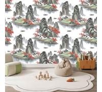 Papier Peint Panoramique Gris-Vert Chinois Érables Papier Peint Intissé | Peinture À L'Encre Montagnes Lac Maisons Bateaux Pêche Fresque Papier Peint pour Chambre Salon Bureau Murales 150 x 105 cm