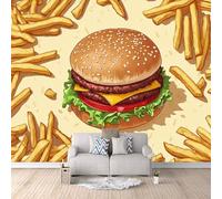 Papier Peint Panoramique Hamburger Effet 3D Frites Nourriture Mural 450x315 cm Non Tissé Imperméable et Durable Facile à Nettoyer Pas de Support Adhésif pour Café Couloir Chambre d'enfants Hôtel