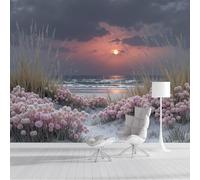 Papier Peint Panoramique Herbe Et Dunes De Sable 300x210cm XXL Tableaux Muraux Soie Coucher De Soleil Sur La Plage Tapisserie Photo Décoration Murale pour Salon, Chambre, Restaurant, Gris-Bleu