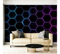 Papier Peint Panoramique Hexagone de la géométrie cybernétique Fresque Murale Intissée - Décoration Murale Pour Salon, Chambre, 350 x 256 cm Papier Peint Intissé Noir