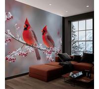 Papier peint panoramique hiver branche oiseau fleur, photo mural moderne 200L x 140H cm - Papier peint décoration de maison photographie de nature pour salon, chambre, chambre des enfants, bureau