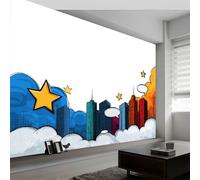 Papier Peint Panoramique Horizon Urbain Nuages Papier Peint Intissé 250(L) x 175(H) cm, Tapisserie Poster Mural Style Dessin Animé pour Salon Chambre Restaurant Décoration Murale