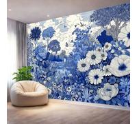 Papier Peint Panoramique Illustration Exquise D'Un Jardin Papillon Papier Peint Fresque Mural Intissée Décoration Murale pour Salon Chambre Murale, 400 x 280 cm Tapisserie Murales Bleu Blanc