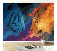 Papier Peint Panoramique Illustration La Confrontation Avec Un Tigre, Bleu Orange Décoration murale - Tapisserie décorative pour chambre salon, Papier Peint Panoramique Intissé Moderne, 250 x 175 cm
