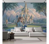 Papier Peint Panoramique Illustrations de contes de fées Château arc-en-ciel pour filles bleu 400x280cm Mural 3D,Décoration Murale Premium,Pour Salon,Chambre Adulte,Chambre D'Enfants & Bureau