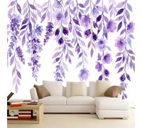 Papier Peint Panoramique Imperméable Fleurs Feuilles Branches, Blanc Violet | Aquarelle Frais Haute Qualité sans Odeur Intissé Papier Peint Pour Salon Chambre à Coucher Maison Décoration, 350 x 256 cm