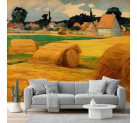 Papier Peint Panoramique Impressionnisme 3D Intissé - 350 X 256 Cm, Artistique Grand Format, Poster Mural Décoratif Pour Salon Chambre Maison Décoration Jaune Meules De Foin Village