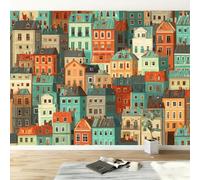 Papier Peint Panoramique Impressionnisme Architecture Européenne 250 x 175 cm Grandes Tapisserie Poster, Papier Peint Intissé Turquoise pour Salon Chambre Chambre D'Enfant Decoration Murale Intérieure