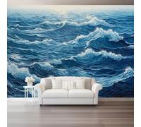 Papier Peint Panoramique Impressionnisme Vagues Ondulations Bleu Marine Blanc 3D Moderne Papier Peint Intissé Pour Chambre Salon Bureau Personnalisé Mur Tv Décoration Murale 400 X 280 Cm