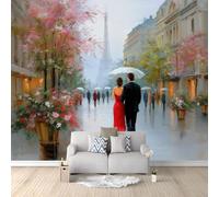 Papier Peint Panoramique Impressionniste Romantique Couple Tour Parapluie Gris Graphite 400 x 280 cm - Tapisserie Murale Moderne en Non-tissé pour Salon, Chambre à Coucher ou Chambre d'enfant