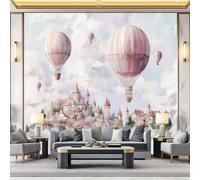 papier peint panoramique Imprimé Aquarelle Nuages Montgolfière Village Papier peint non tissé Coloré pour enfants et adultes Murale Déco Maison 400 x 280 cm pour Chambre Salon Décoration Murale