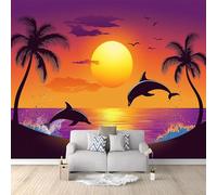 Papier Peint Panoramique Imprimé Dessin Animé Coucher De Soleil Palmiers Murales Décor À La Maison 250 x 175 cm Papier Peint Intissé Mural pour Salon Canapé TV Fond Décoration Murale Violet Jaune