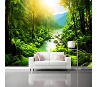 papier peint panoramique Imprimé Nature Fougères Rivière Forêt tropicale Papier peint non tissé Coloré pour enfants et adultes Murale Déco Maison 400 x 280 cm pour Chambre Salon Décoration Murale