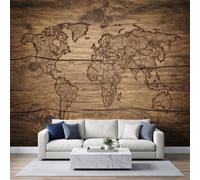 Papier Peint Panoramique Industriel Vintage Peinte Murale, Rustique Nautique Carte du Monde Grain de Bois Intissé Murale, Marron Foncé Photo Fresque pour Salon Chambre d'enfants 400L x 280H cm