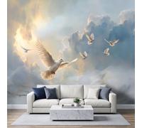 Papier Peint Panoramique Intissé 150x105cm Minimaliste Moderne, Oiseaux Volants Nuages Texture Marbre Papier Peint Photo, Pour Salon Chambre Chambre D'Enfant Décoration Murale