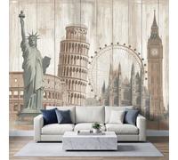 Papier Peint Panoramique Intissé 150x105cm Style Rétro Nostalgique, Statue Liberté Colisée Romain Tour Penchée Pise Papier Peint Photo, Pour Salon Chambre Chambre D'Enfant Décoration Murale