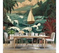 Papier Peint Panoramique Intissé 200 x 140 cm - Dessin Animé Voilier Vagues Plantes Motif Papier Peint Photo Mural Pour Salon Chambre D'Enfants Bureau - Vert Décoration Poster Murale