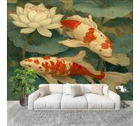 Papier Peint Panoramique Intissé 200x140 cm Illustration De Lotus Et De Carpes Koï Amovible Format Personnalisé Papier Peint Photo Vert Murale Salon Chambre Chambre d'enfants Stickers muraux