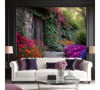 Papier Peint Panoramique Intissé 250 x 175 cm - Nature Chemin Fleurs Porte en bois Conception, Revêtement Mural pour Salon - Coloré - Design Unique Moderne Décoration Murale