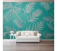 Papier Peint Panoramique Intissé 250 x 175 cm - Rétro Fougère Feuilles Conception, Revêtement Mural pour Salon - Bleu Vert Gris - Design Unique Moderne Décoration Murale