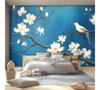 Papier Peint Panoramique Intissé 350 x 256 cm, Motif De Branche De Magnolia Blanc Poster Photo Muraux Pour Salon Chambre D'Enfant Décoration Murale Style De Peinture À L'Huile Vintage, Bleu Foncé