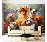 Papier Peint Panoramique Intissé Animaux Chiens Fleurs Papillons Marron Vert Mural pour Salon Chambre Mur de fond Chambre des Enfants Bureau Décoration de Maison Murale Papier Peint - 400 x 280 cm