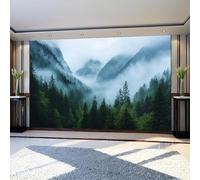 Papier Peint Panoramique Intissé brume de forêt et de montagne 250 x 175 cm Murale Vert pour Salon Chambre Enfants Restaurant Poster Mural