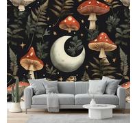 Papier peint panoramique intissé Champignons Lune Papillons 250 x 175 cm (W x H), peinture murale Style Artistique Fantastique, décoration murale pour salon ou chambre