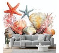 Papier peint panoramique intissé Coquillages Étoile De Mer Corail 350 x 256 cm (W x H), peinture murale Style Aquarelle, décoration murale pour salon ou chambre