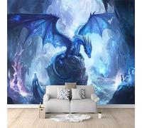 Papier Peint Panoramique Intissé Dragon Bleu Fantasy, 200 x 140 cm Fresque Murale Art Fantastique, Décoration Murale Sombre Animaux Mythiques avec Caverne de Glace pour Chambre Bureau