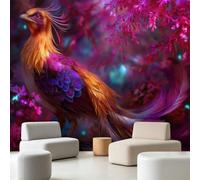 Papier Peint Panoramique Intissé Encre Éclaboussée Style Chinois Tendance 300 x 210 cm - Phénix Créature Divine Fleurs Forêt, Décoration Murale Salon Chambre - Facile d’entretien, résistante aux UV