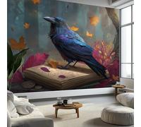Papier Peint Panoramique Intissé Fantaisie Forêt Livre magique Corbeau, Coloré Poster Photo Muraux Pour Cuisine Chambre Restaurant Salon Chambre Chambre D'Enfant Fond Tv Décoration Murale 400 x 280 cm