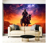 Papier Peint Panoramique Intissé Fantastique Cow-Boys Ciel Étoilé Désert Couleur Orange Mural pour Salon Chambre Mur de fond Chambre des Enfants Bureau Murale Papier Peint - 250 x 175 cm