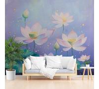 Papier Peint Panoramique Intissé Feuilles de Lotus Vintage 350x256cm(L x H) - Revêtement Mural pour Chambre Salon - Moderne Fleurs Aquarelles et Fleurs Violettes Décoration Murale Poster Mural xxl