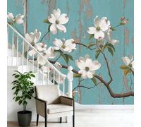 Papier Peint Panoramique Intissé Fleurs Branches En Détresse Blanc Bleu Mural pour Salon Chambre Mur de fond Chambre des Enfants Bureau Décoration de Maison Murale Papier Peint - 300 x 210 cm