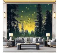 Papier Peint Panoramique Intissé Forêt Verte Arbres Lucioles 300 x 210 cm (W x H) - Peinture Murale Décorative, Fresque Moderne pour Décoration Murale Salon Chambre