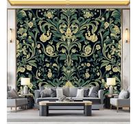 Papier Peint Panoramique Intissé Le Style William Morris Feuilles Vertes Fleurs 400 x 280 cm (W x H) - Peinture Murale Décorative, Fresque Moderne pour Décoration Murale Salon Chambre