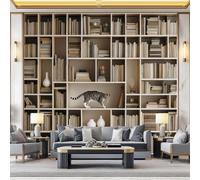 Papier Peint Panoramique Intissé Moderne Bibliothèque Livres, 3D Papier Peint Classique Animaux Chat Décoration Murale pou Salon Chambre Chambre d'enfant, 350 x 256cm Tapisserie Photo Géante