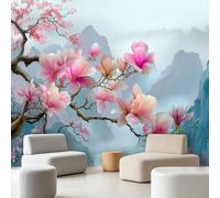 Papier Peint Panoramique Intissé Néo-Chinois Classique Poétique 300 x 210 cm - Magnolia Branches Fleuries Montagnes Lointaines, Décoration Murale Salon Chambre - Facile d’entretien, résistante aux UV